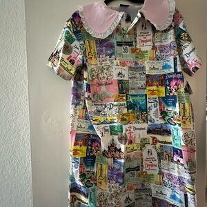 Colorful Disneyland Print Dress with Pink Collar